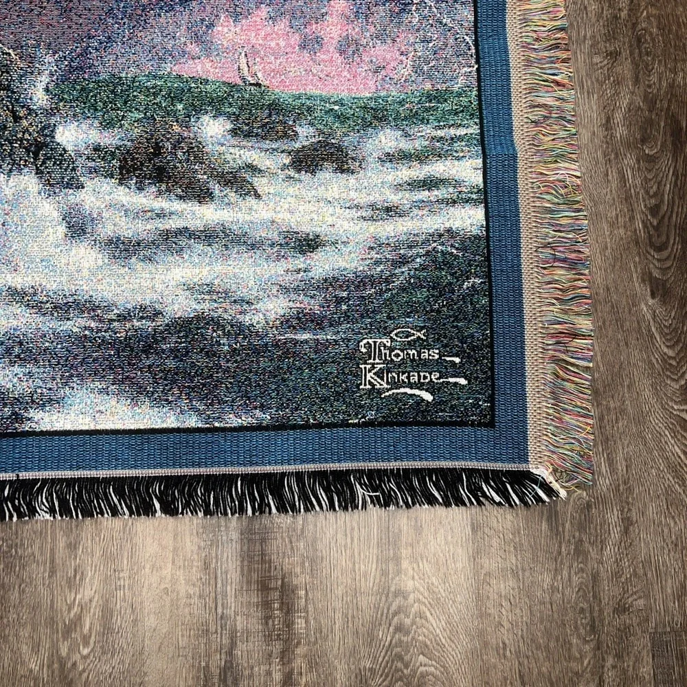 Thomas Kinkade Lighthouse Christian PSALM Woven Tapestry Throw Blanket Vintage